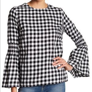 Beachlunchlounge Women’s XS Extra Small Gingham Bell Sleeve Black and White Top